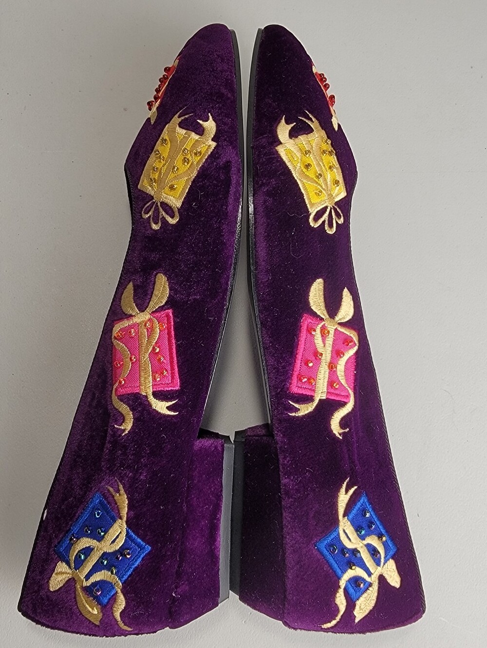 Vtg Quacker Factory Plum Velvet Ballet Flat Shoe Embroidery Beads Christmas 8.5B